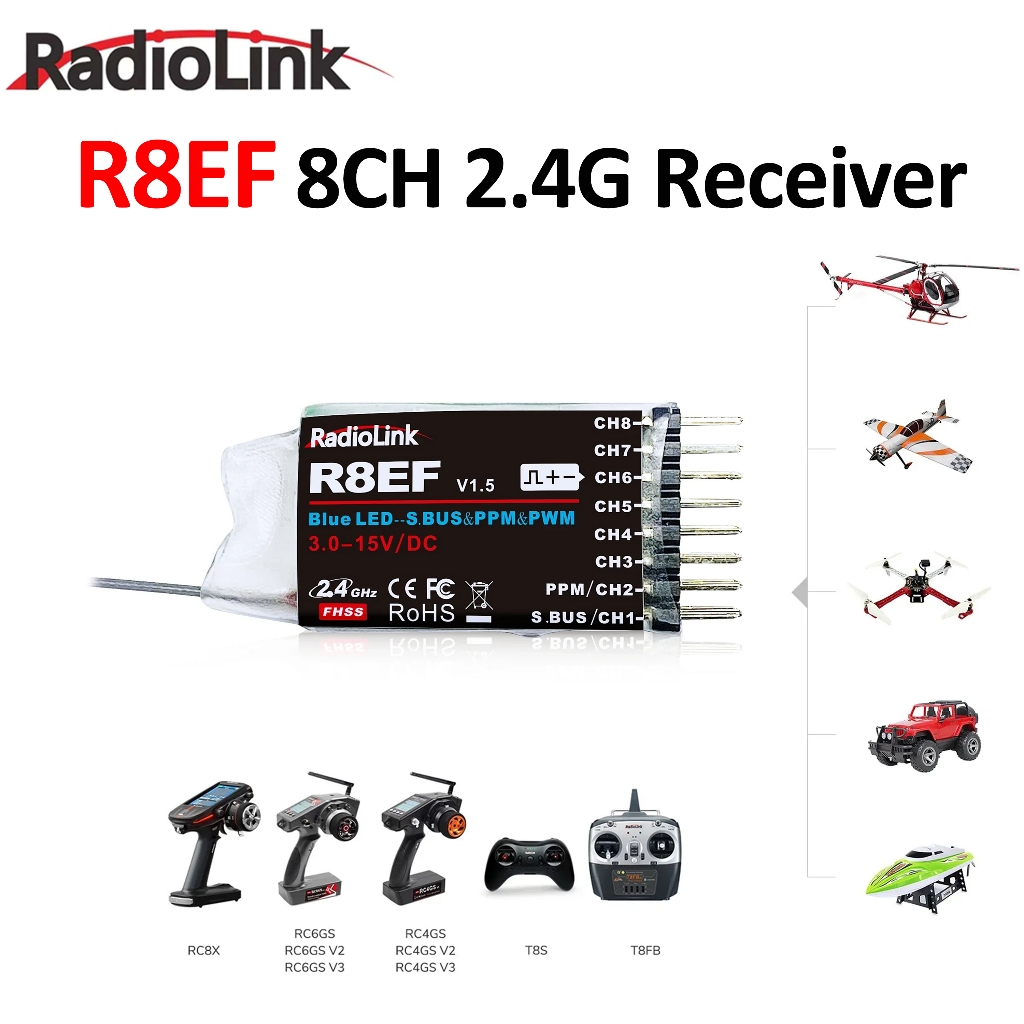 Radiolink R8EF 8 ช่อง 2.4G รองรับ SBUS PPM PWM 3-15V สําหรับ 8CH T8FB T8S RC3S RC4G RC4GS RC6G เครื่