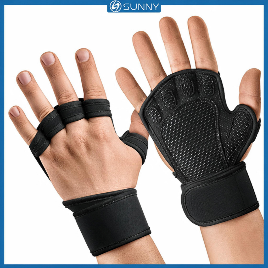 SunnyFit GYM ถุงมือ 2 ชิ้น Professional ถุงมือยกน้ําหนักข้อมือสนับสนุน GYM ฟิตเนสออกกําลังกายสําหรับ Dumbbell Barbell Hand Grips Deadlifts ยางป้องกัน