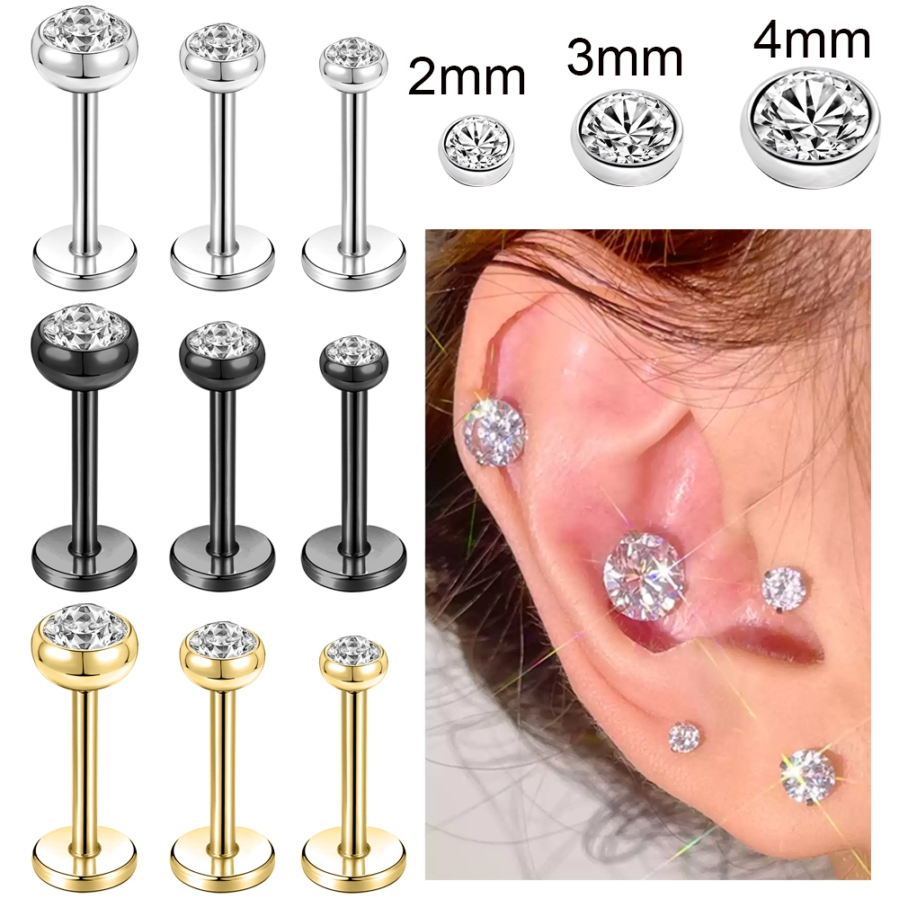 Bodyace 16G/18G หูเจาะ 1 PC สแตนเลสสตีลหูคริสตัลสตั๊ดต่างหู Lobe ต่างหูด้ายภายในเครื่องประดับ Tragus ต่างหู