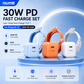 NIUMO ชุดชาร์จเร็ว 30W GaN PD หัวชาร์จขนาดเล็กอุณหภูมิต่ำ พร้อมสาย Type-C to Lightning ยาว1.5 เมตร สายถักคุณภาพสูง รองรับ iPhone 6 ถึง 14 iPad