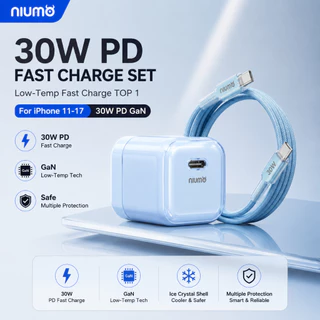 NIUMO ชุดชาร์จเร็ว 30W GaN PD หัวชาร์จขนาดเล็กอุณหภูมิต่ำ พร้อมสาย Type-C to Lightning ยาว1.5 เมตร สายถักคุณภาพสูง รองรับ iPhone 6 ถึง 14 iPad