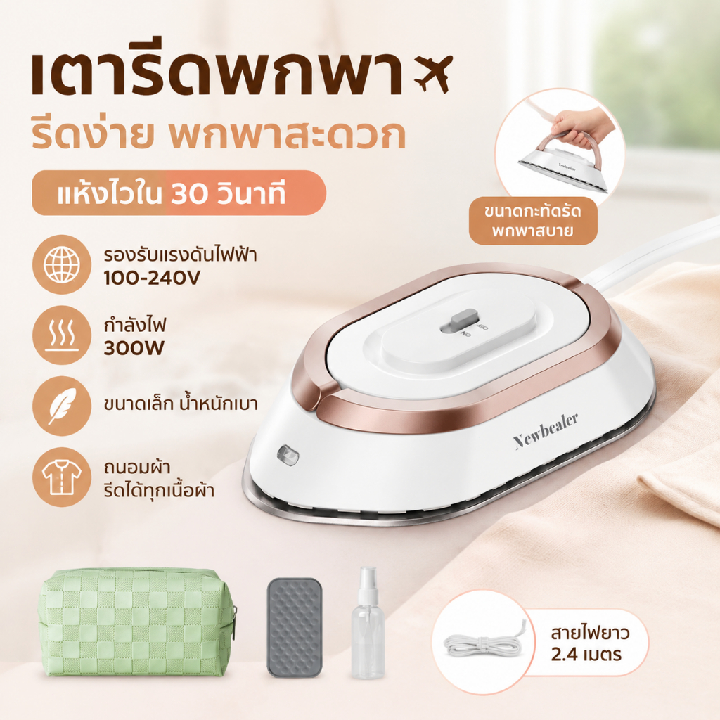 เตารีดพกพาไร้ไอน้ำ เตารีดเดินทาง 100-240V 300W ร้อนเร็ว 30 วินาที ขนาดเล็ก น้ำหนักเบา