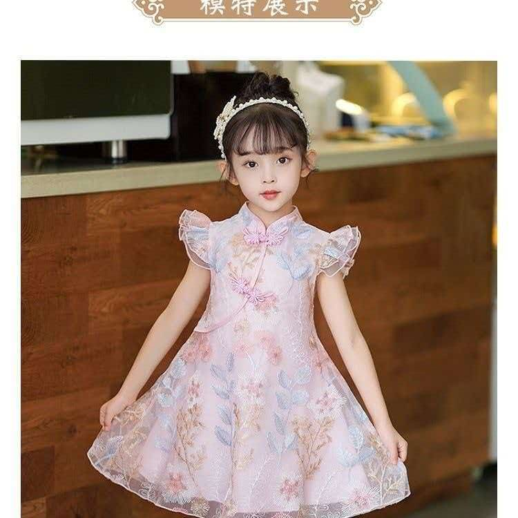 Pippikids ชุดเดรสกี่เพ้าลายดอกไม้สําหรับเด็กผู้หญิง ชุดเดรสสไตล์จีนนัวเนียกระพือ