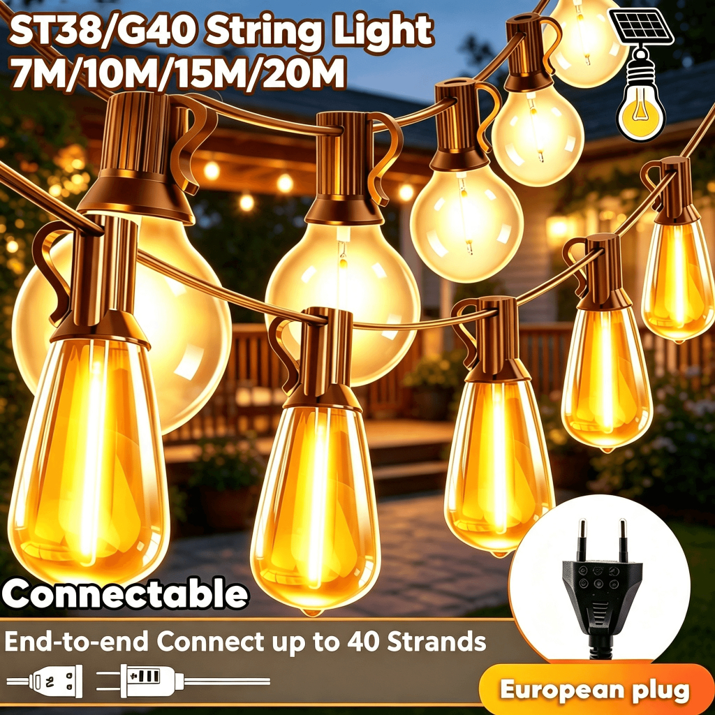 Amiluo ไฟตกแต่งกลางแจ้ง สวน หลอดไฟกลางแจ้ง ไฟสตริง ชุดไฟปิงปอง สวน กันน้ำ ST38/G40 220V