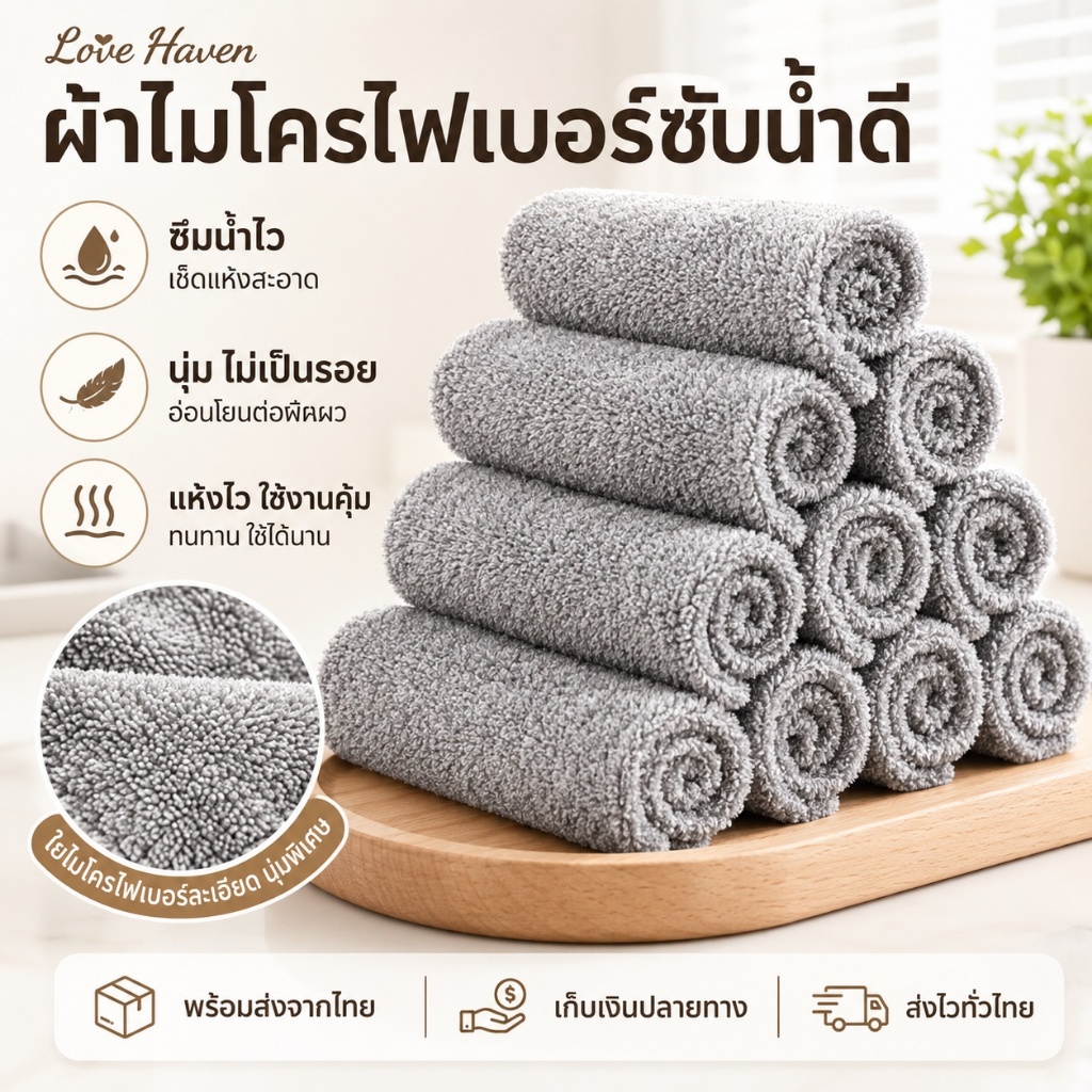 [Love Haven]ผ้าใยไผ่ ไม่เป็นขุย ผ้าอเนกประสงค์ เช็ดจาน ผ้าขี้ริ้ว ผ้าใยไผ่พิเศษ ซับน้ำได้ดี ใช้ทำความสะอาดทั่วไป COD
