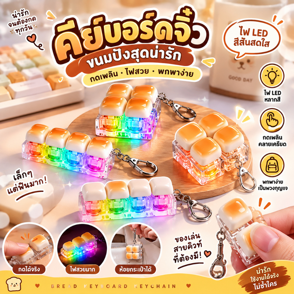 คีย์บอร์ดเชิงกลมีไฟรูปขนมปังคลิกของเล่นคลายเครียด - เสน่ห์พวงกุญแจของเล่นอยู่ไม่สุขที่สร้างสรรค์