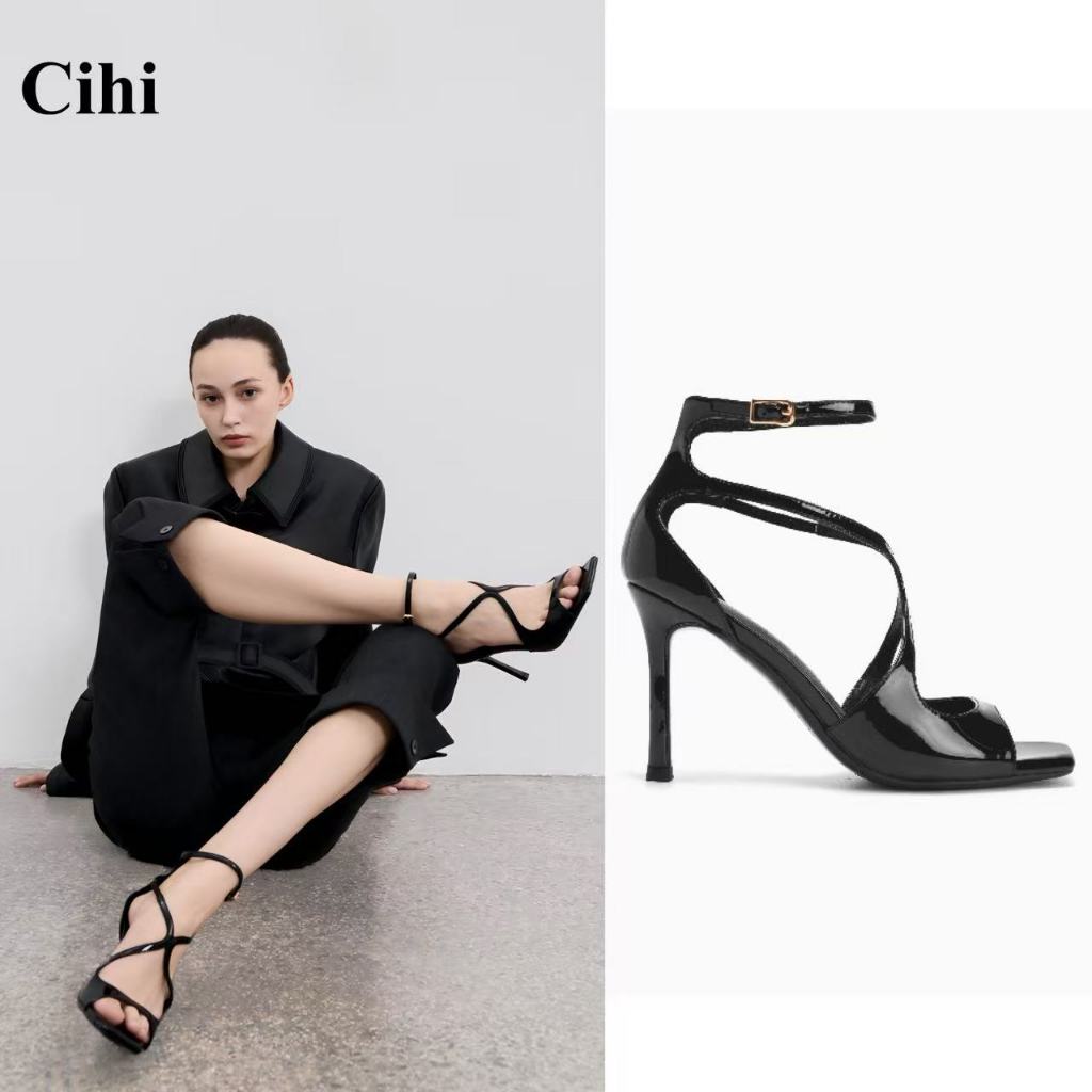 Cihi รองเท้าส้นสูง หนังแลคเกอร์ ปลายสี่เหลี่ยม สายรัดรูปตัวเอ็กซ์ ส้นเข็ม เหมาะใส่เดท ปาร์ตี้ งานเลี้ยง สวมแน่นไม่หลุด ขาเรียวสวย