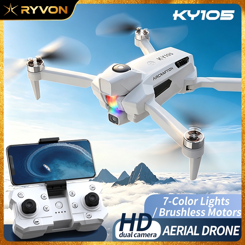 RYVON KY105 HD กล้องคู่ Quadcopter มอเตอร์ไร้แปรง Optical Flow ตําแหน่ง Multi-Zoom APP ควบคุมไฟ 7 สี
