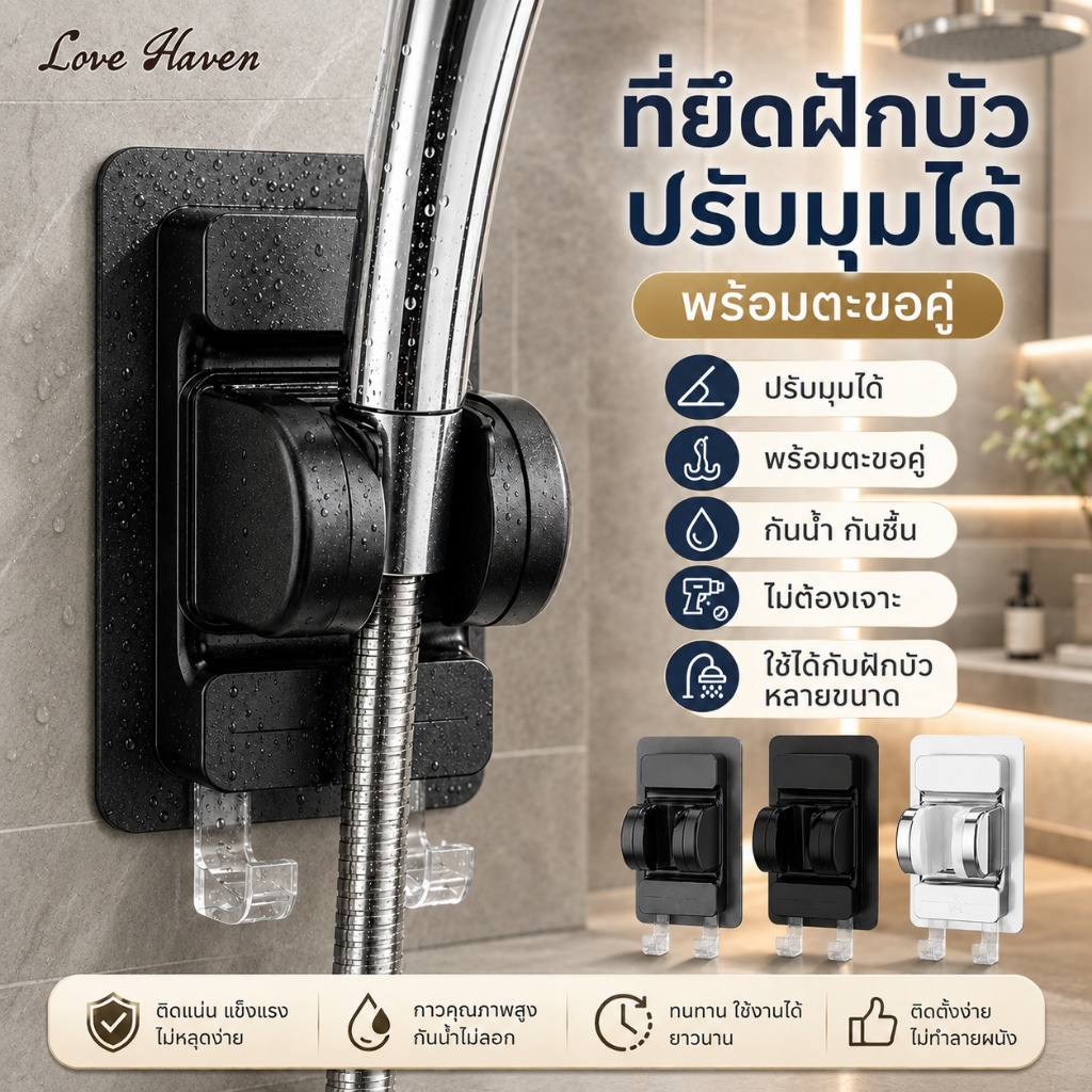 [Love Haven]ที่แขวนฝักบัว แบบติดผนัง ติดตั้งง่าย แข็งแรง ทนทาน พร้อมตะขอแขวนคู่ ปรับระดับองศา cod