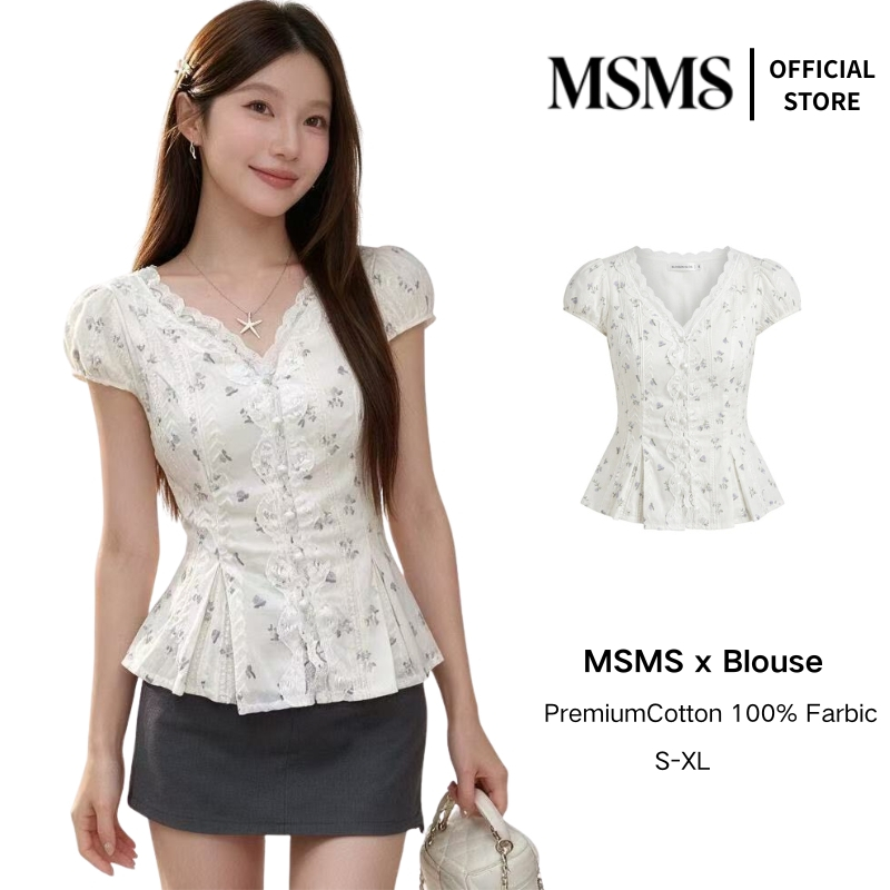 เสื้อลูกไม้ลายดอกไม้ คอวี แขนพอง ทรงเอวคอด ชายบาน ใส่แล้วผอม สไตล์เกาหลี พร้อมส่ง