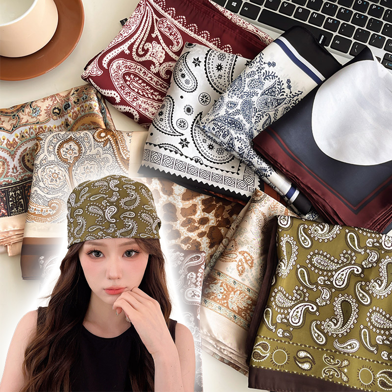 64 x 64 ซม.Headscarf ผ้าพันคอสี่เหลี่ยมผ้าฝ้ายผ้าลินินมัลติฟังก์ชั่นอเมริกัน Retro สุภาพสตรี Headscarf