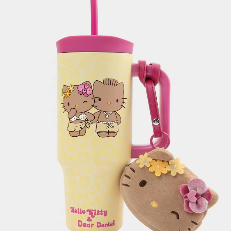 พายสัตว์ Ouyang Nana หนังสีเหลืองเสือดาวพิมพ์ HelloKitty Big Mac ฉนวนกันความร้อนฟางถ้วยน้ําสแตนเลส