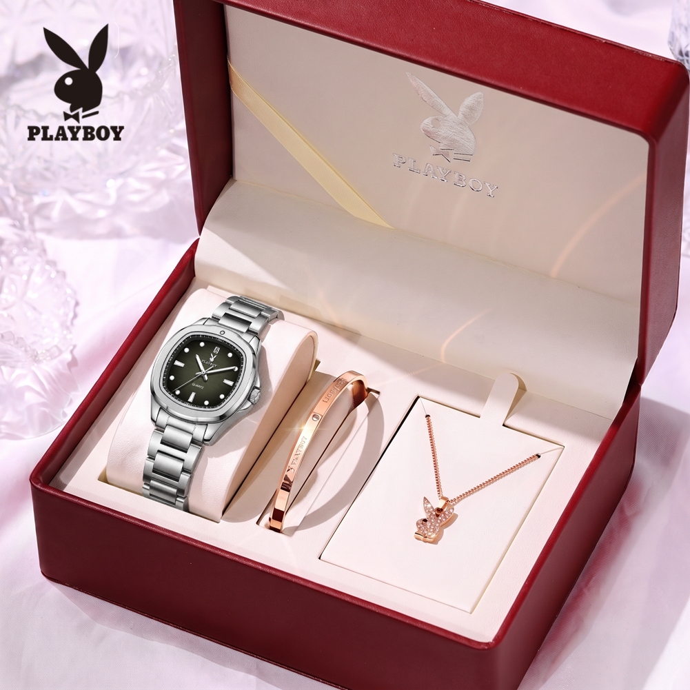 PLAYBOY นาฬิกาข้อมือผู้หญิง กันน้ำ 100% สายสเตนเลส นาฬิกาผู้หญิง สีขาว สีดำ ทอง เงิน แฟชั่น 3529-H
