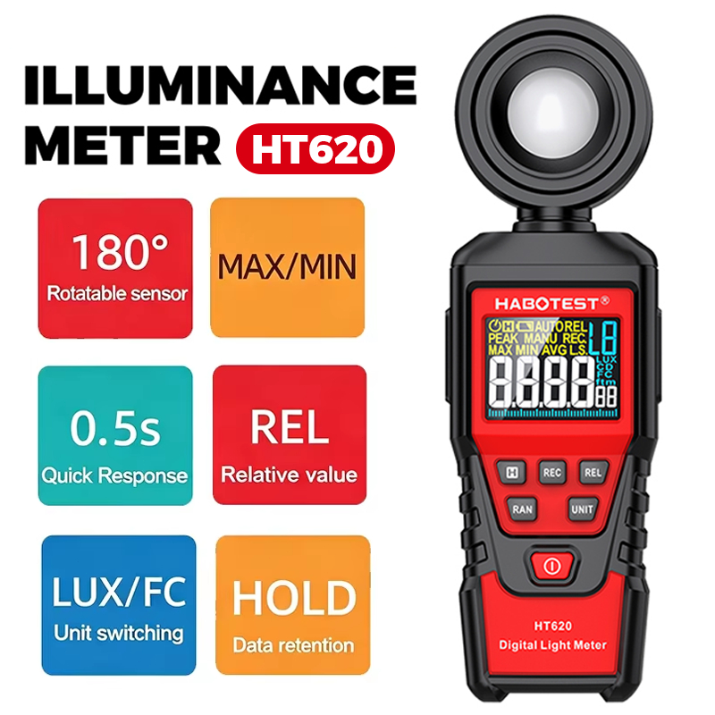 HT620 Series เครื่องวัดความสว่างแบบดิจิตอล 180° เครื่องทดสอบ Lux/FC หมุนได้พร้อมการชดเชย LED (HT620L
