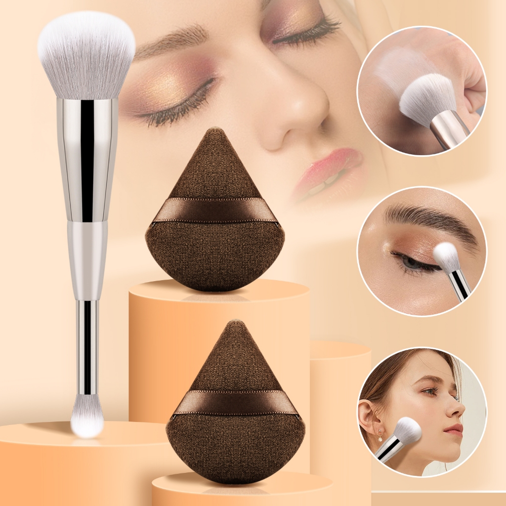 3 ชิ้นชุดแปรงแต่งหน้า Double Ended แปรงรองพื้น 2 สามเหลี่ยมแป้งพัฟ Soft คอนซีลเลอร์ Contour อายแชโดว์ผสมแปรงเครื่องมือความงาม