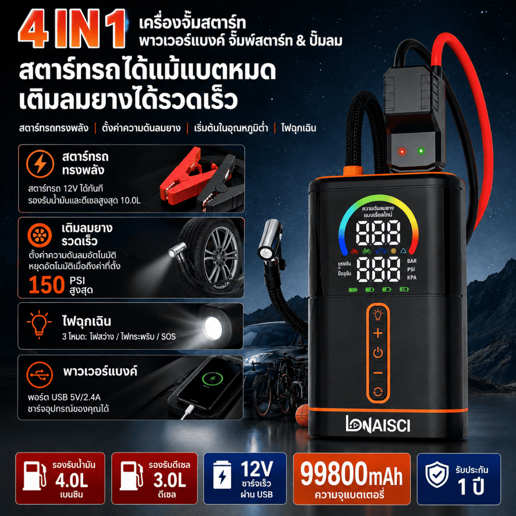 LONAISCI 99800mAh จั๊ม Jump Starter รถยนต์ Powerbank 2 in 1 ปั๊มลมไฟฟ้า จั๊มสตาร์ทรถยนต์ อุปกรณ์ช่วย