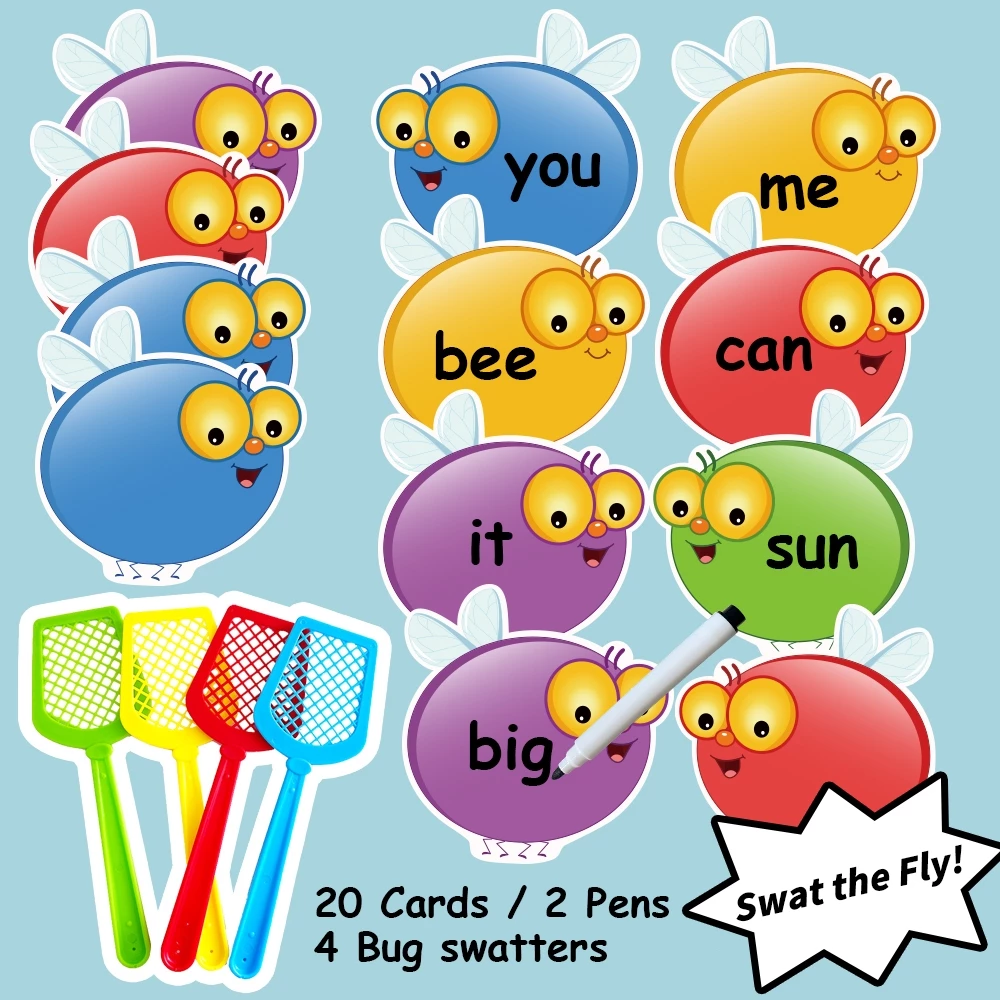 Fly Swatter ชุดเกมการเรียนรู้พร้อมการ์ดบินเปล่าที่เขียนซ้ําได้, เด็ก Sight Words Swat ของเล่นเพื่อการศึกษาแบบโต้ตอบ, ห้องเรียนก่อนวัยเรียนการออกเสียงเกมคณิตศาสตร์, Homeschool สนุก L