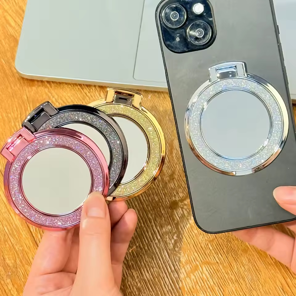 ใหม่ Mirror Glitter Finger Ring Phone Grip Holder, Round Bling Holder