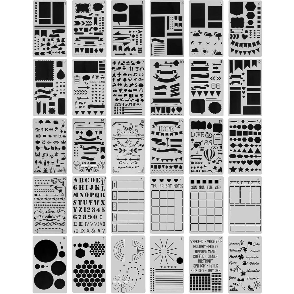 30 PCS Journal Stencils, Planner Stencils สําหรับ Junk Journal สมุดบันทึกไดอารี่สมุดภาพ DIY วาดแม่แบ