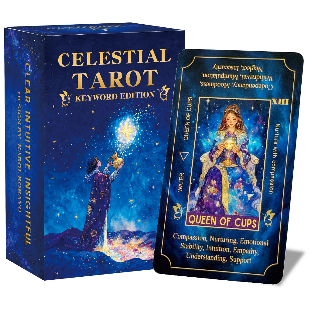 ไพ่ทาโรต์ Celestial รุ่นคีย์เวิร์ด ไพ่ต้นฉบับ 78 ใบ ศิลปะจักรวาลสีน้ำเงิน-ทอง เหมาะสำหรับผู้เริ่มต้น ศึกษาไพ่ทาโรต์ และเป็นแนวทางประจำวัน