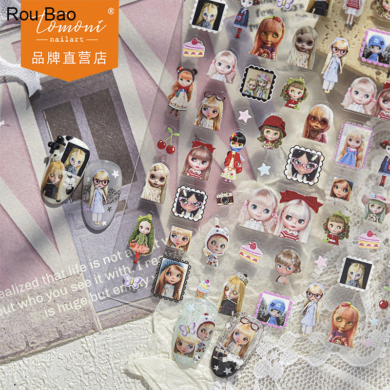 Rou Bao Nail Rag Doll Retro สติกเกอร์นูน Girly กลับกาวเล็บตกแต่งศิลปะ