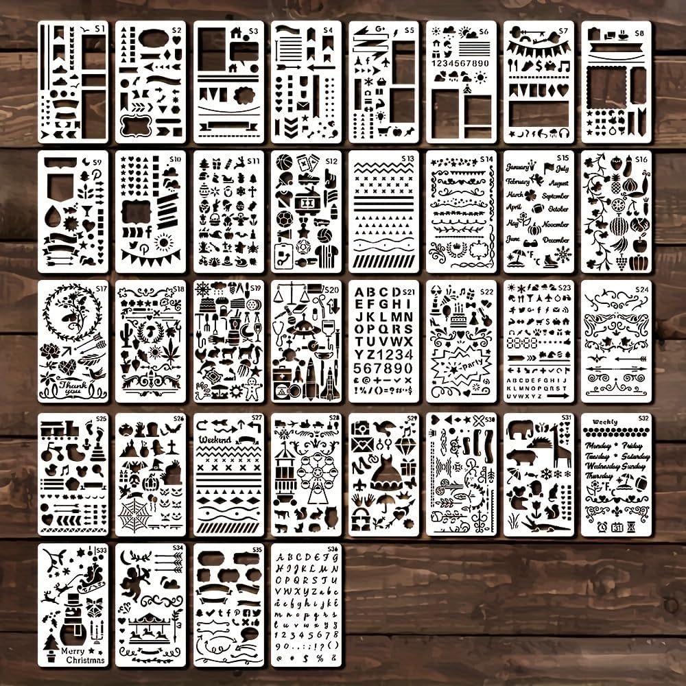 36 ชิ้นพลาสติก Journal Stencils สําหรับ Bullet Junk Journal สมุดบันทึกไดอารี่สมุดภาพ Journal ลายฉลุแ
