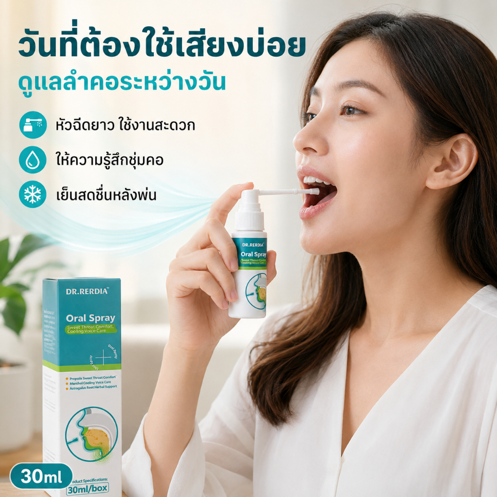 สเปรย์พ่นปากลำคอ DR.RERDIA หัวฉีดยาว พ่นเข้าถึงลำคอโดยตรง กลิ่นมินต์สดชื่น