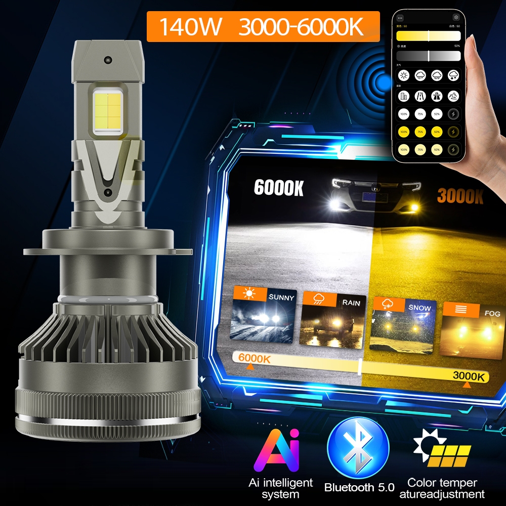 AI สมาร์ท H7 LED H4 H8 H9 9005 HB3 9006 HB4 9012 880 H27 H3 H11 6000K 4300K 3000K หลอดไฟ LED 3 สี AP