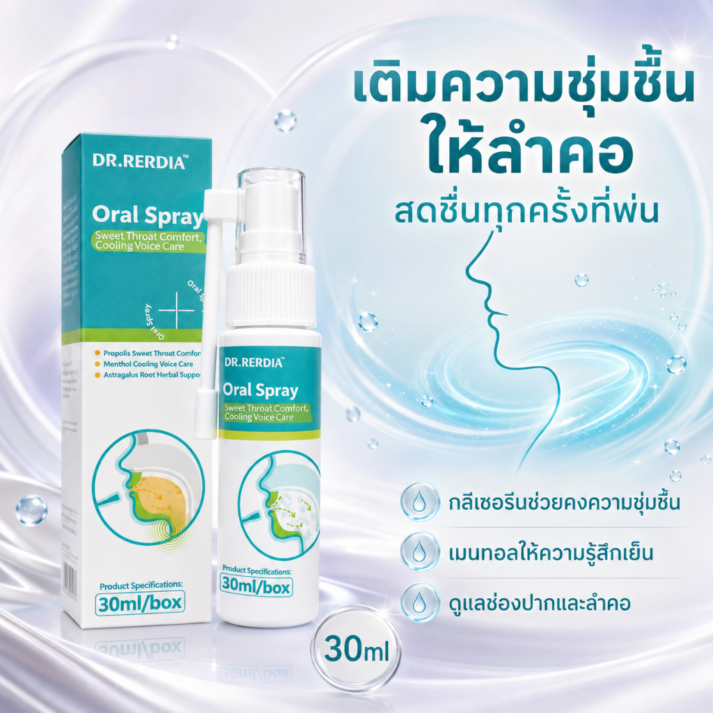 DR.RERDIA Oral Spray สเปรย์ลำคอ มีโพรโพลิสและมินต์ พกพาได้ ดูแลเสียงประจำวัน