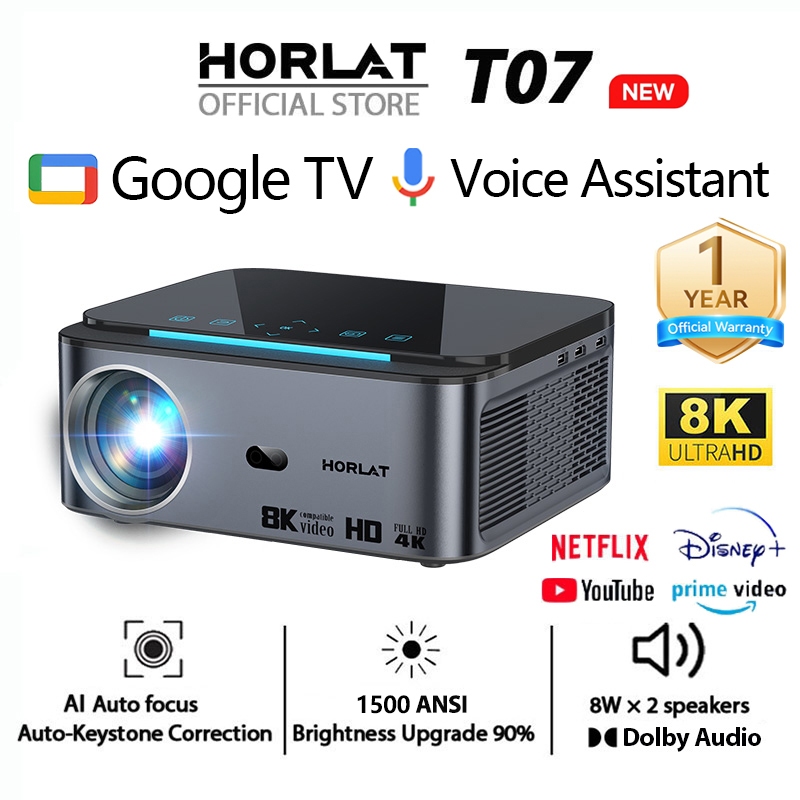 Horlat T07 wifi 8K Projector โปรเจคเตอร์ 1500ANSI ความสว่างสูง NETFLIX Official Google TV Dolby Audi