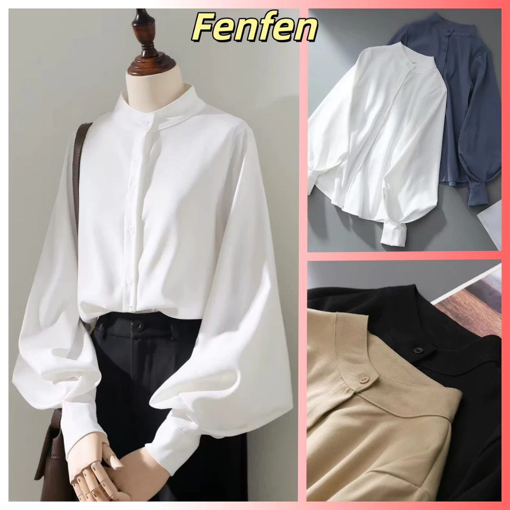 ฤดูใบไม้ร่วงใหม่สไตล์แขนโคมไฟเสื้อเชิ้ตสีขาวผู้หญิงแขนยาวแปรงด้านบนเกาหลีรุ่นหลวมสไตล์ฮ่องกงยืนขึ้นปกพัฟแขนเสื้อ