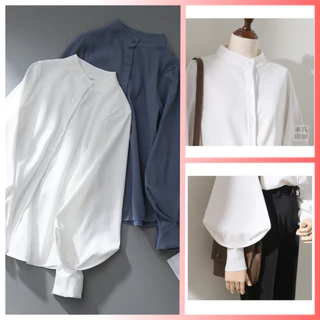 ฤดูใบไม้ร่วงใหม่สไตล์แขนโคมไฟเสื้อเชิ้ตสีขาวผู้หญิงแขนยาวแปรงด้านบนเกาหลีรุ่นหลวมสไตล์ฮ่องกงยืนขึ้นปกพัฟแขนเสื้อ