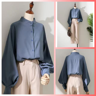 ฤดูใบไม้ร่วงใหม่สไตล์แขนโคมไฟเสื้อเชิ้ตสีขาวผู้หญิงแขนยาวแปรงด้านบนเกาหลีรุ่นหลวมสไตล์ฮ่องกงยืนขึ้นปกพัฟแขนเสื้อ