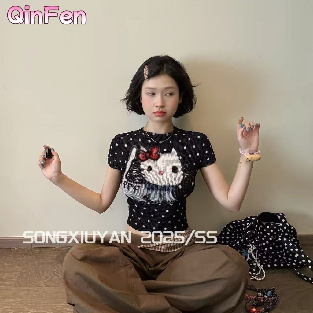 Sweet Age-Sleeved KT พิมพ์ Polka Dot เสื้อยืดแขนสั้นฤดูร้อน Design Slim-Fit จีบด้านบนผู้หญิง