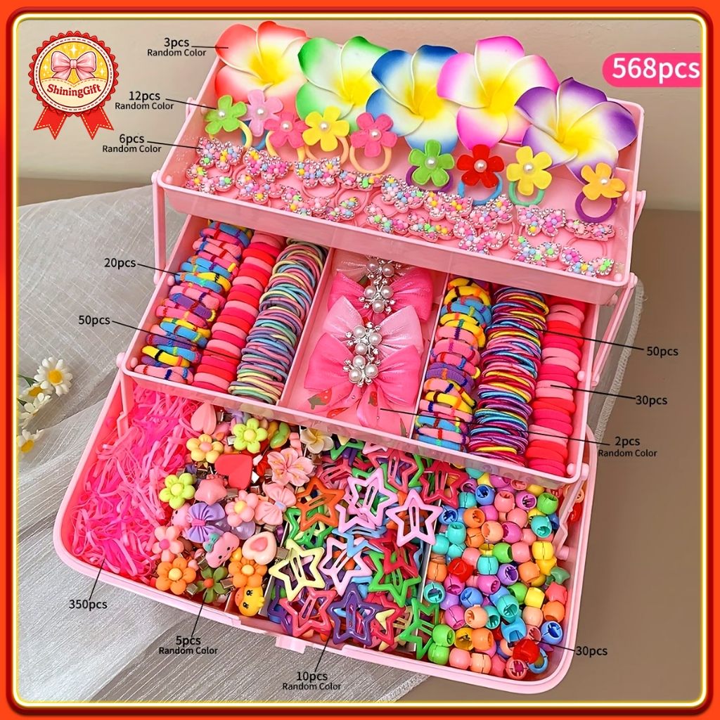 ชุดของขวัญเด็ก 568 ชิ้น เครื่องประดับผมสีสันสดใส สายรัดผมยาง รวมชุดใหญ่ ใช้ได้หลายโอกาส งานปาร์ตี้ ไม่มีกล่อง