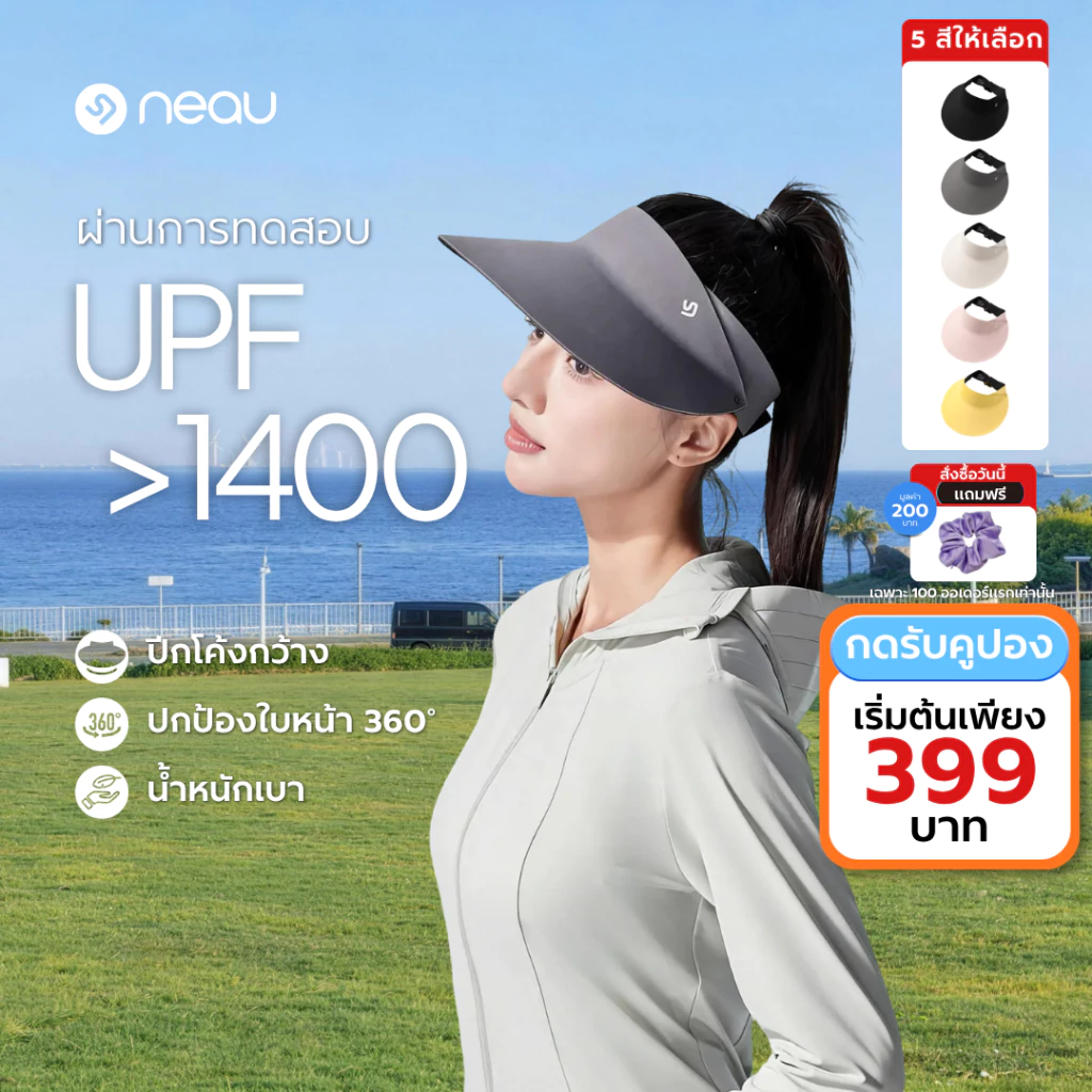 ❤️ปกป้องทั้งหน้า 360° - ขับขี่ไม่กลัวแดด❤️ NEAU Cova Round หมวกกันแดดแบบครึ่งใบ ปีกกว้าง มี 3 สีให้เลือก ระบายอากาศดี ไม่อับ ป้องกันรังสี UV ระดับ UPF1400+ สายรัดปรับขนาดได้