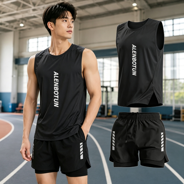 ผู้ชายวิ่งชุดกีฬาเสื้อกั๊กแขนกุด + กางเกงขาสั้นคู่แห้งเร็วระบายอากาศวิ่งออกกําลังกายชุดกีฬา L-5XL ขนาดใหญ่