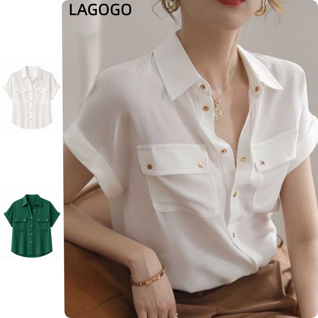 เสื้อแขนสั้นชีฟองสีขาว สไตล์เรโทรสมัยใหม่ เหมาะสำหรับทำงานและสวมใส่ง่ายในทุกโอกาส