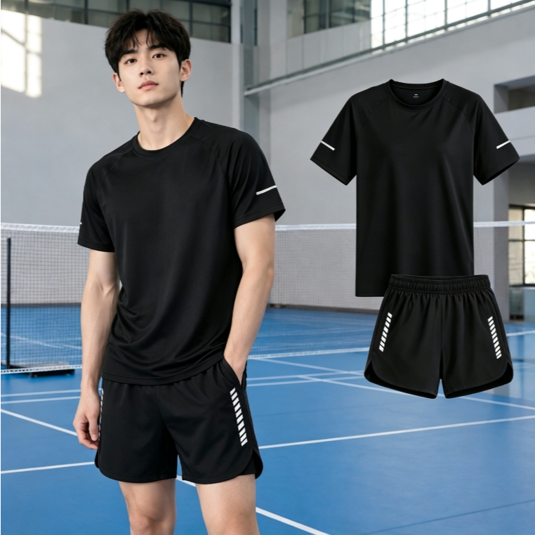 ผู้ชายชุดกีฬาเสื้อยืดแขนสั้นสองชิ้น + กางเกงกีฬาขาสั้นแห้งเร็วระบายอากาศวิ่งออกกําลังกายแบดมินตันเหมาะสําหรับ ม-4เอ็กแอล ขนาดใหญ่