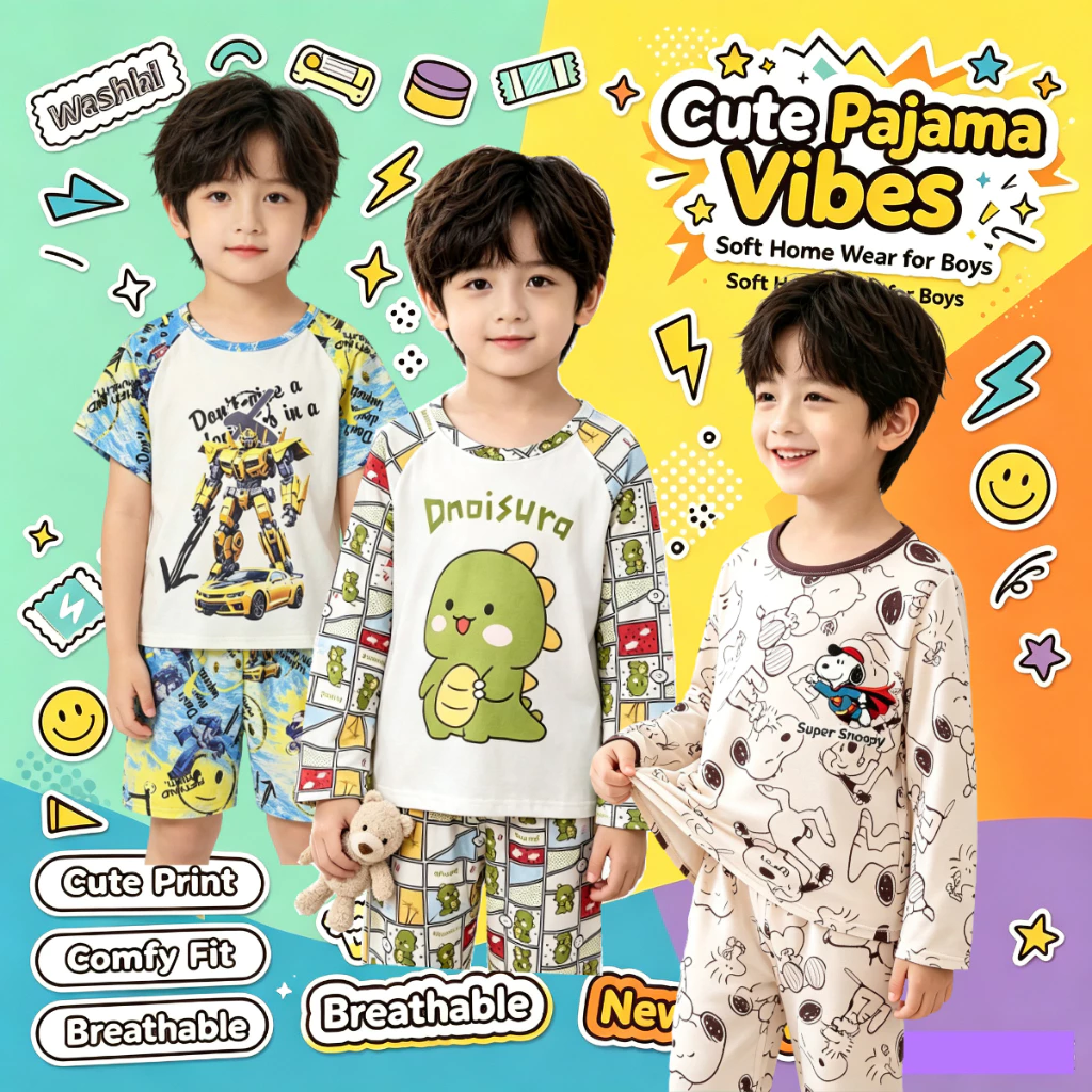 Flash Sale! ชุดนอนเด็กแขนยาวคอกลมสำหรับเด็กชายและเด็กหญิงวัยเติบโตอายุ 4-5 ปี