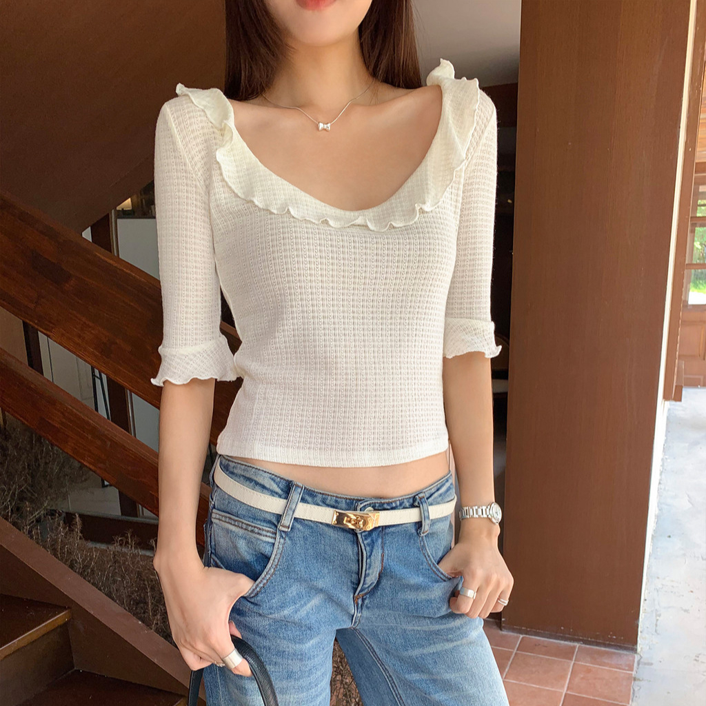 เสื้อยืดครึ่งแขนคอยูจับจีบ Slim-Fit @- 104225