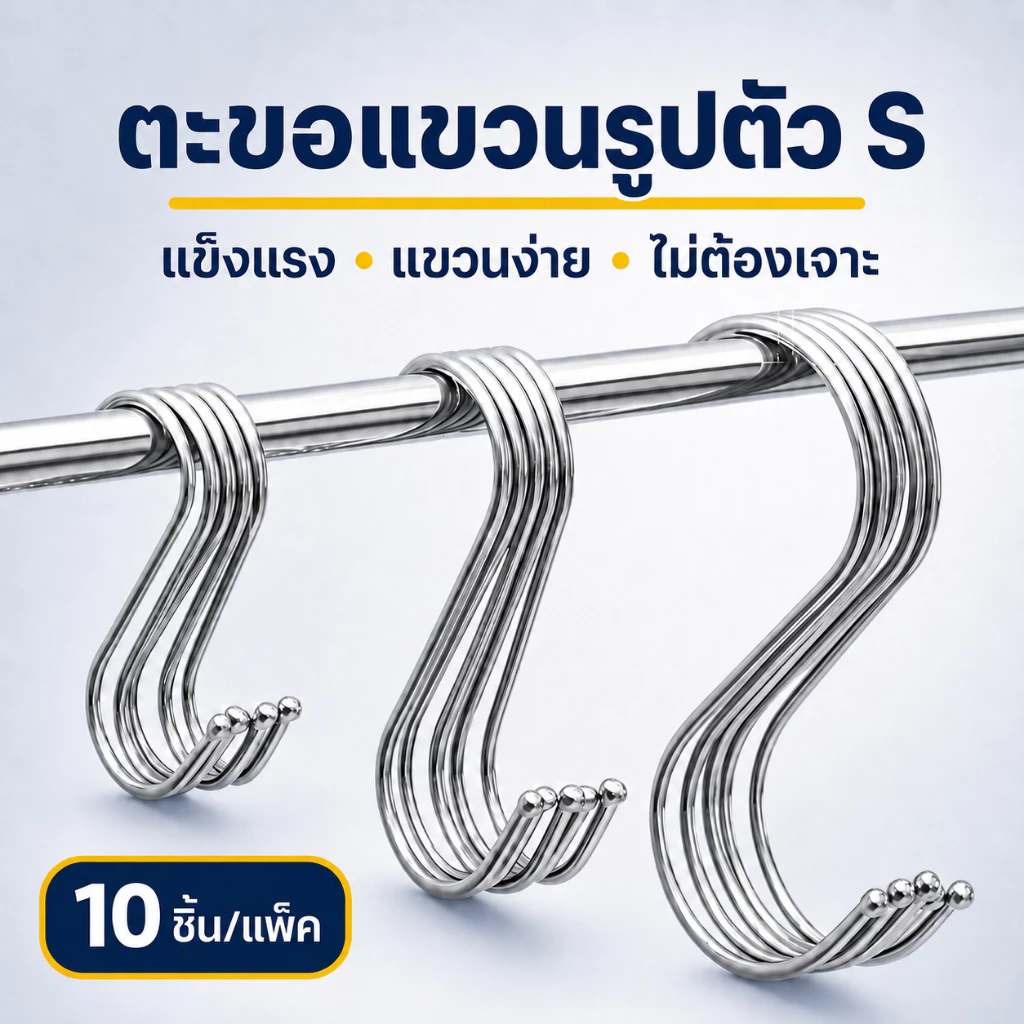 ตะขอตัว S ขนาด 9.5/12 ซม. แข็งแรง แขวนของอเนกประสงค์ 10 ชิ้น ส่งจากกรุงเทพฯ