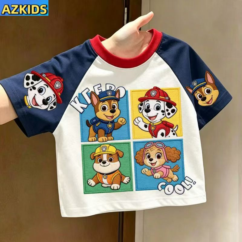 paw patrol เสื้อยืดแขนสั้น ผ้าฝ้าย พิมพ์ลายการ์ตูน แฟชั่นฤดูร้อน สําหรับเด็กผู้ชาย