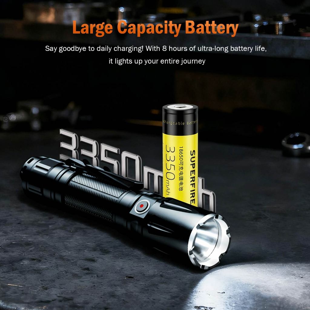 ไฟฉาย SUPERFIRE TL01-X 20W LED สว่างสุดขั้ว ชาร์จไฟได้ กันน้ำ IP67 ไฟทำงานกลางแจ้ง แข็งแรง ทนทาน ไฮบีม ไฟฉุกเฉิน — صورة 4
