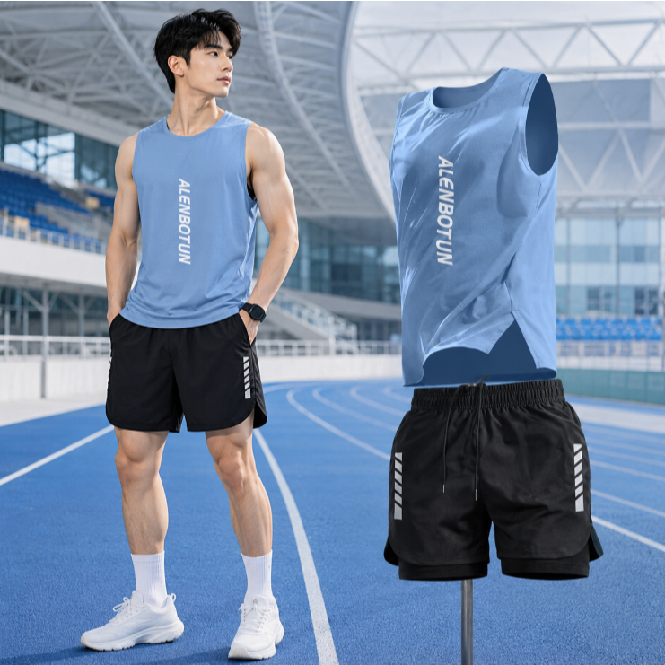 ผู้ชายแขนกุดเสื้อกั๊กกีฬา + สองชั้นปลอมสองชิ้นกางเกงขาสั้นกีฬาชุดสองชิ้นแห้งเร็วระบายอากาศวิ่งออกกําลังกายหลายขนาด ล-5Xล