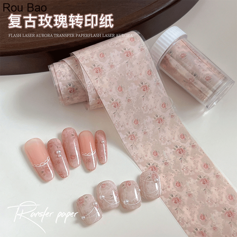 Rou Bao Nail Retro Rose Flower Transfer Paper Girly Nails Art DIY ตกแต่ง