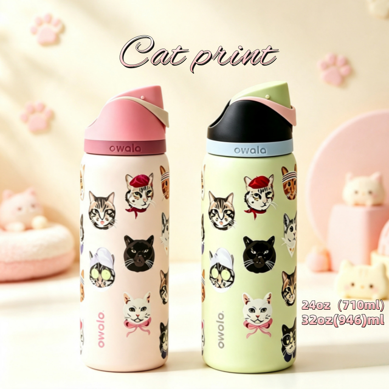 Owala FreeSip ขวดฉนวน 24/32oz – แก้วน้ําสแตนเลสกันรั่วพร้อมหลอด ปลอดสาร BPA สําหรับเครื่องดื่มเย็นกลางแจ้ง (พิมพ์แมว)