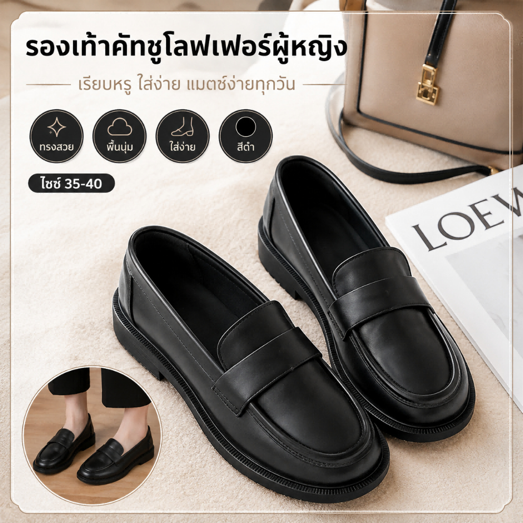 รองเท้าโลฟเฟอร์ผู้หญิงสีดำ พื้นแบน พื้นนุ่ม แบบสวม สไตล์อังกฤษ ใส่สบาย สำหรับทำงานและใช้ทุกวัน