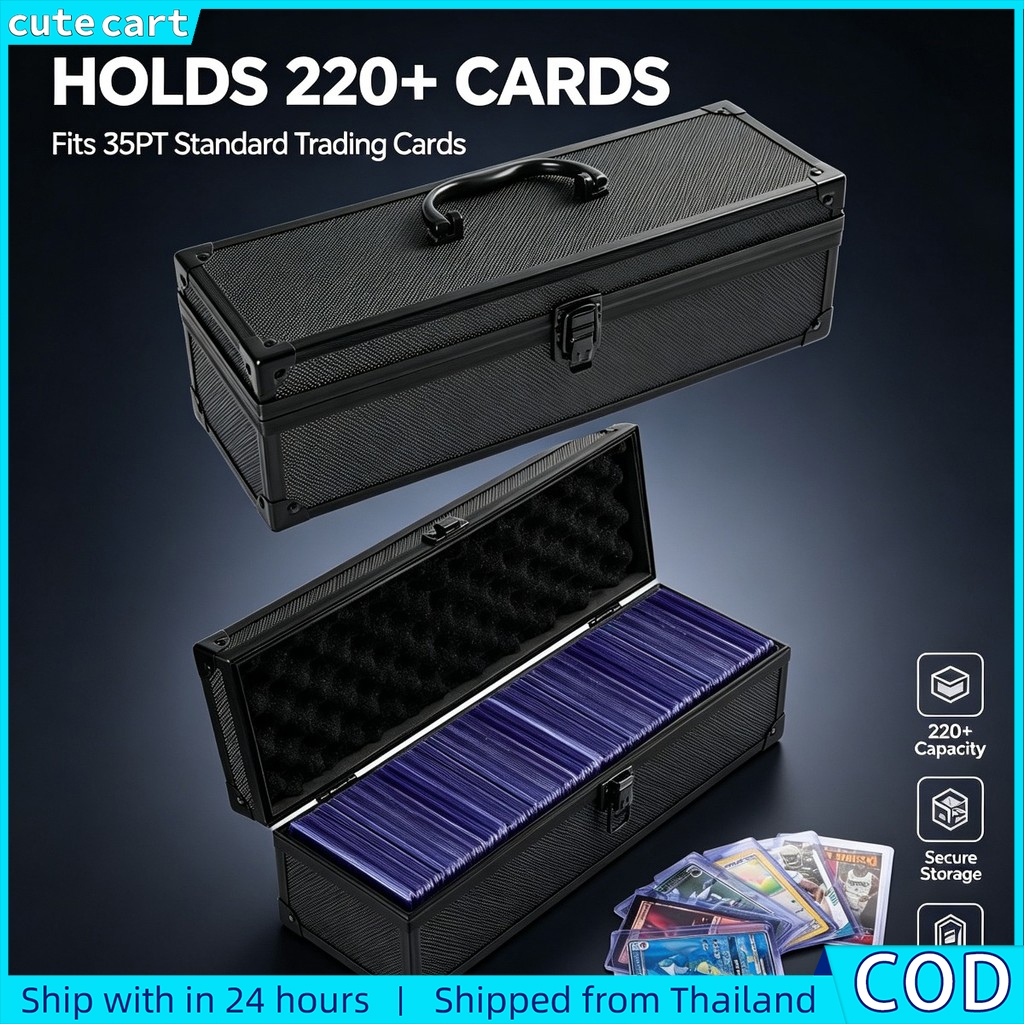 กล่องเก็บการ์ดอลูมิเนียมแบบยาวสีดํากล่องการ์ดอิฐแบบพกพา | กันกระแทก Toploader Trading Card Carrying Case Heavy Duty Hard Storage Box พร้อมตัวล็อค