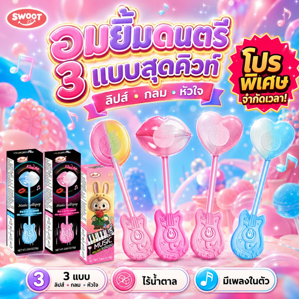 SWOOT Music Lollipop | 3 ลุค กลม หัวใจ ริมฝีปาก อมนำเข้า ของขวัญขนมเด็ก เพลงสุขสันต์วันเกิด🎵🎁